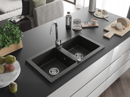 Mexen Mario chiuvetă granit 2-camere cu baterie de bucătărie Telma, negru/auriu - 6504-75-670200-00