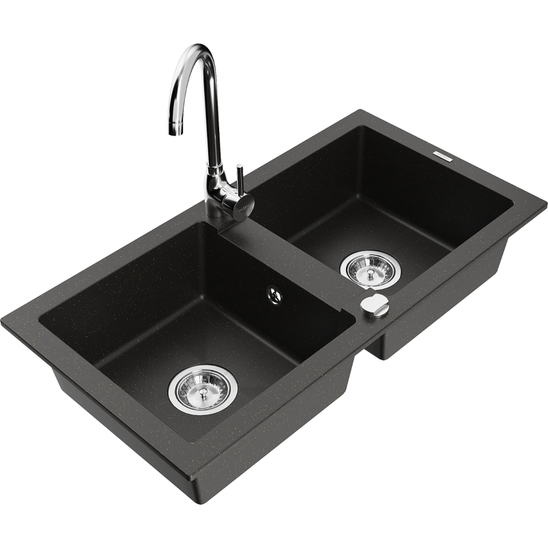 Mexen Mario chiuvetă granit 2-camere cu baterie de bucătărie Telma, negru/auriu - 6504-75-670200-00