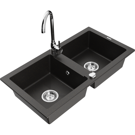 Mexen Mario chiuvetă granit 2-camere cu baterie de bucătărie Telma, negru/auriu - 6504-75-670200-00