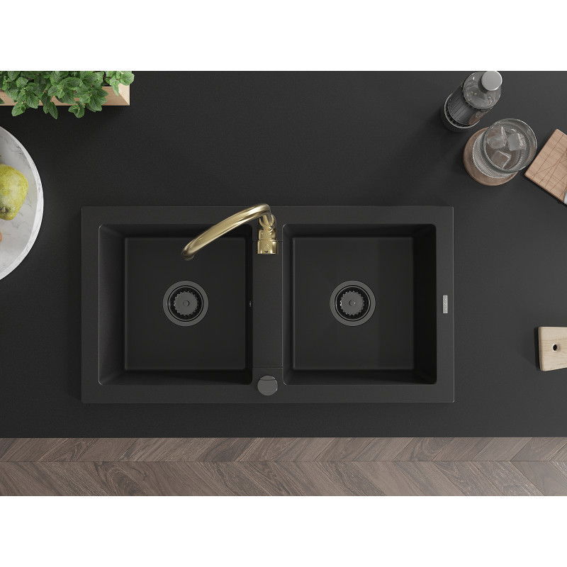Mexen Mario gránit 2-medencés mosogató Telma konyhai csappal, fekete - 6504-77-670200-50-B