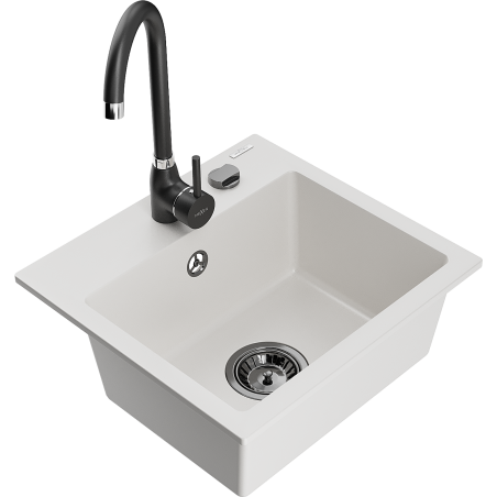Chiuvetă de granit Mexen Milo cu 1 compartiment și baterie de bucătărie Telma, alb - 6505-20-670200-70
