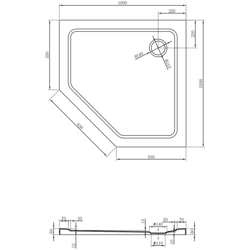 Mexen Flat pentagonális zuhanytálca slim 100 x 100 cm, fekete, krómozott szifon - 41P701010