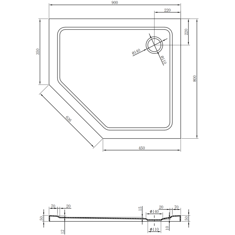 Mexen Flat ötszögletű slim zuhanytálca jobb 90 x 80 cm, fekete, króm szifon - 41P708090R