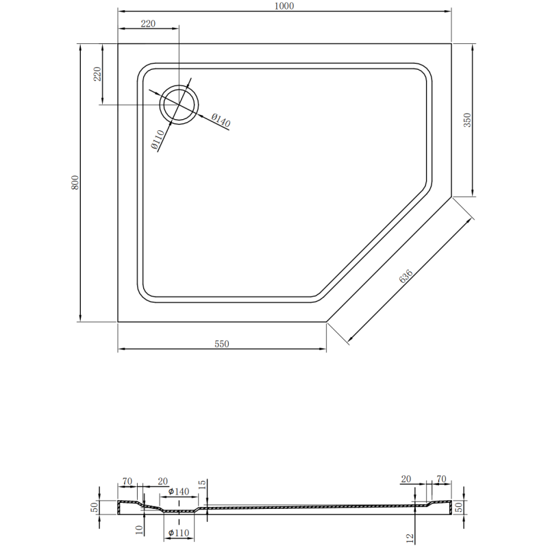 Mexen Flat ötszögletű slim bal zuhanytálca 100 x 80 cm, fekete, króm szifon - 41P708010L