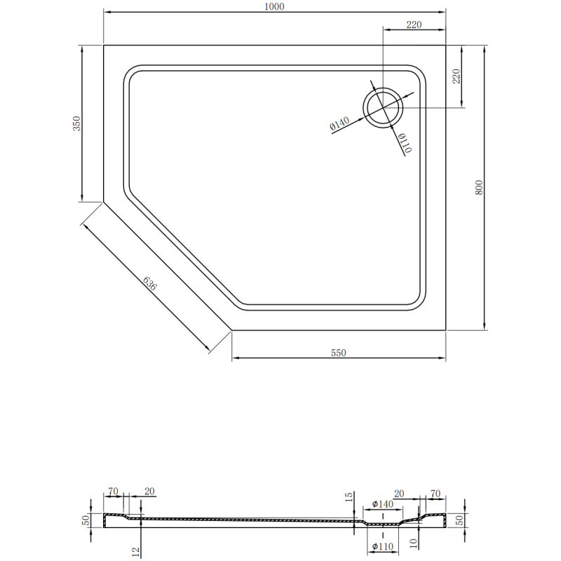 Mexen Flat cădiță de duș pentagonală slim dreaptă 100 x 80 cm, negru, sifon crom - 41P708010R