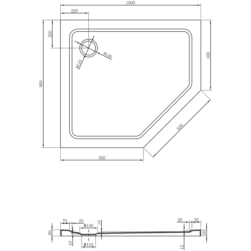 Mexen Flat recezivă pentagonală slim stânga 100 x 90 cm, negru, sifon crom - 41P709010L