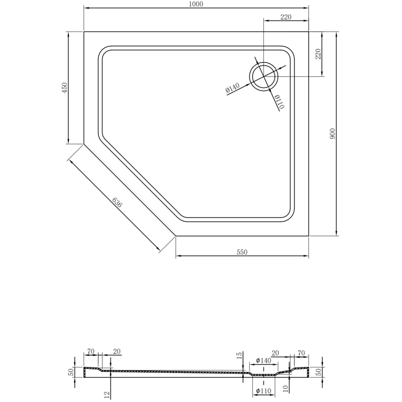 Mexen Flat ötszögletű slim zuhanytálca, jobb 100 x 90 cm, fekete, krómozott szifon - 41P709010R