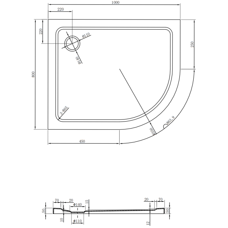 Mexen Flat félköríves slim bal 100 x 80 cm, fekete, króm szifon - 41708010L