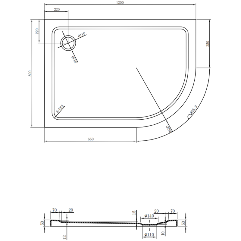 Mexen Flat slim félköríves zuhanytálca bal 120 x 80 cm, fekete, krómozott szifon - 41708012L