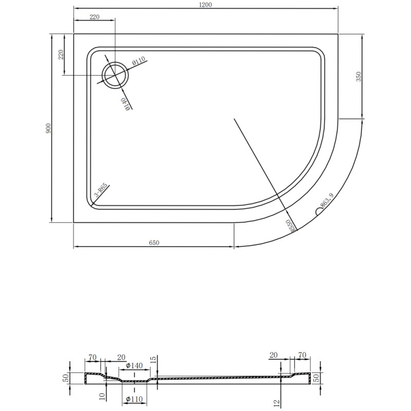 Mexen Flat cadă de duș semicirculară slim stânga 120 x 90 cm, alb, sifon auriu - 41109012L-G
