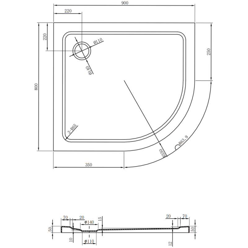 Mexen Flat félkör alakú slim balos zuhanytálca 90 x 80 cm, fekete, arany szifon - 41708090L-G
