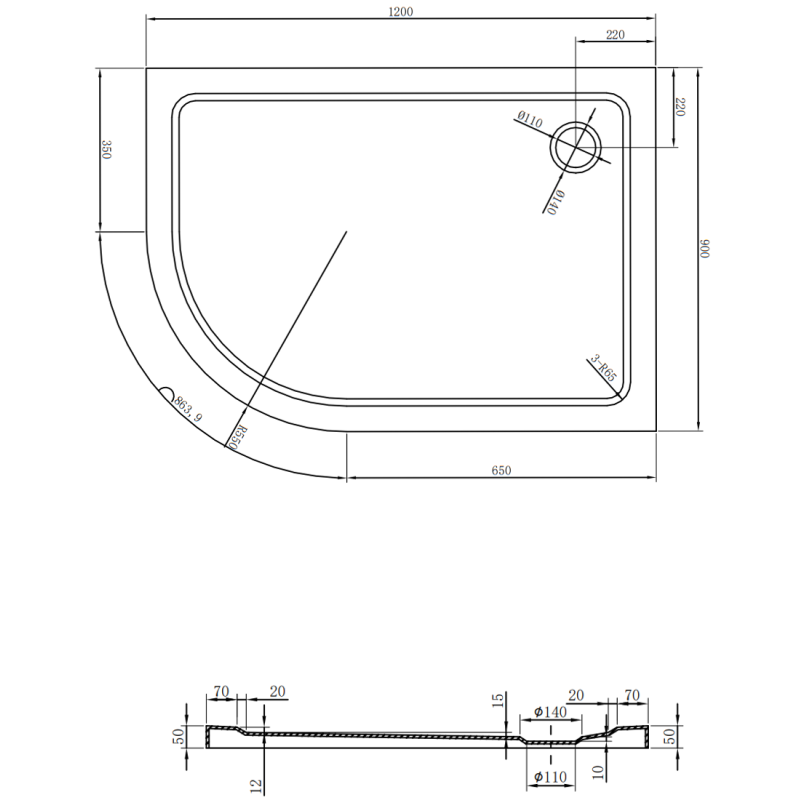 Mexen Flat félkör ívű slim, jobb oldali 120 x 90 cm, fehér, króm szifon - 41109012P
