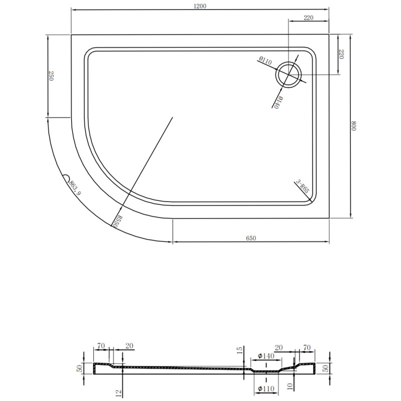 Mexen Flat cadă de duș semicirculară slim dreapta 120 x 80 cm, negru, sifon cromat - 41708012P