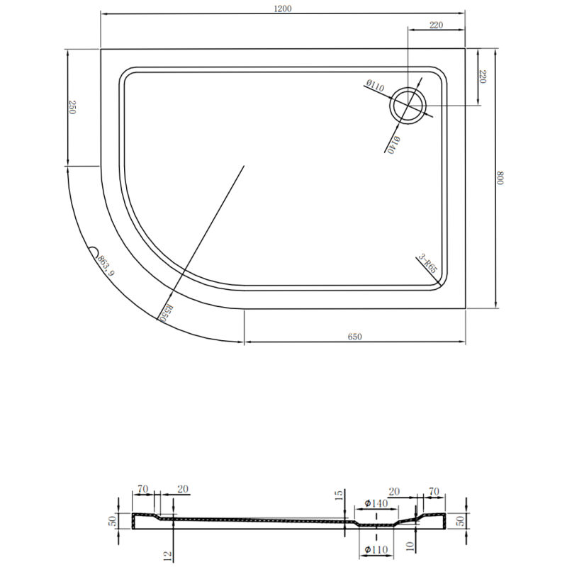 Mexen Flat félköríves slim zuhanytálca, jobb oldali, 120 x 80 cm, fekete, krómozott szifon - 41708012P