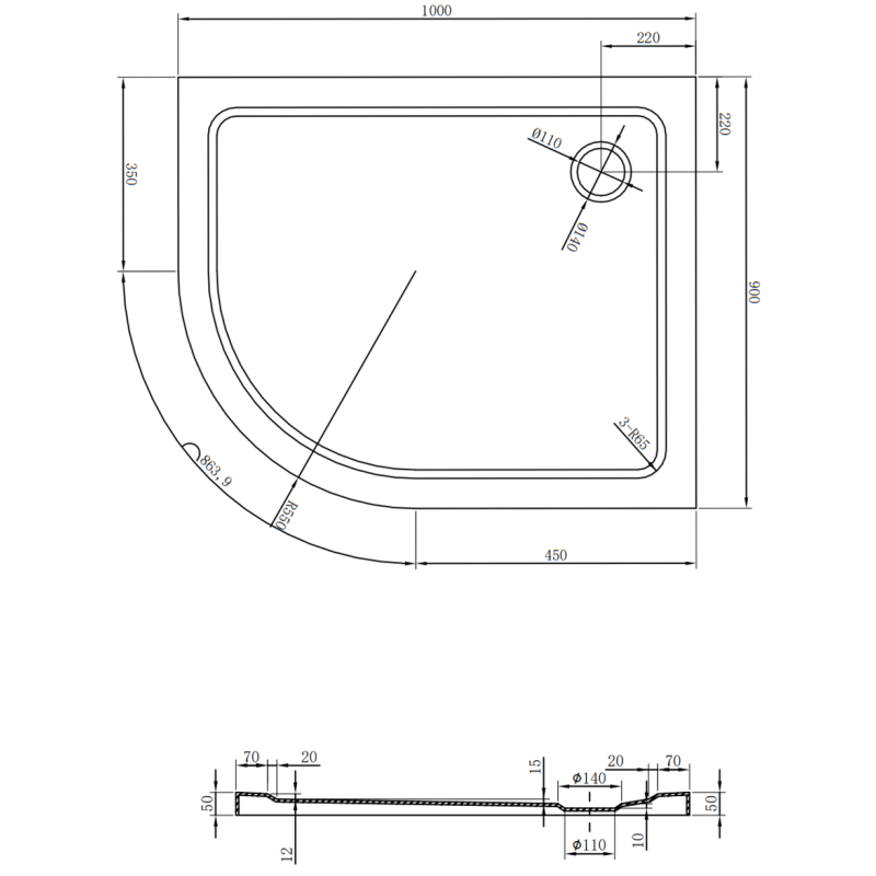 Mexen Flat slim félköríves zuhanytálca jobb 100 x 90 cm, fekete, króm szifon - 41709010P