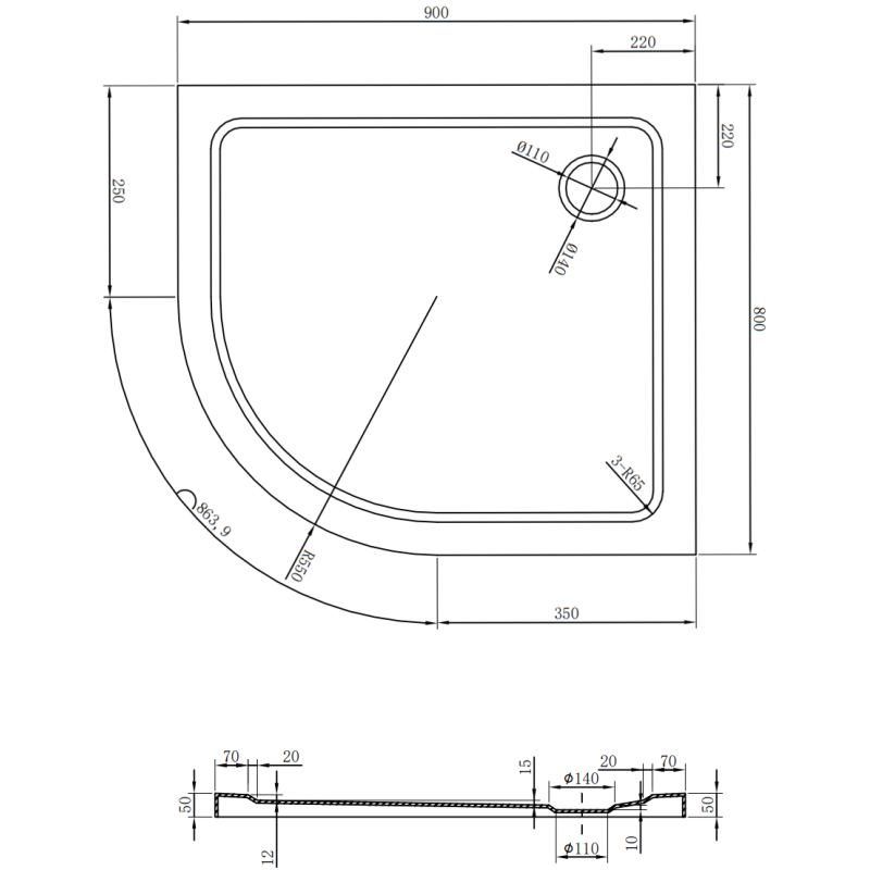 Mexen Flat slim félkör alakú zuhanytálca, jobb 90 x 80 cm, fekete, arany szifon - 41708090P-G