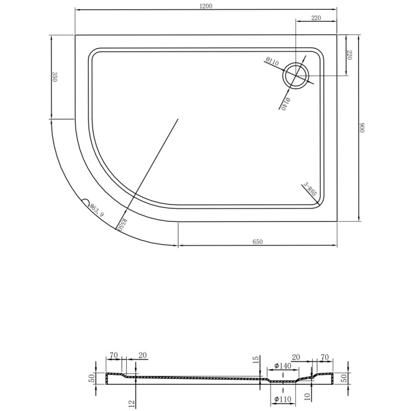 Mexen Flat félköríves slim jobb 120 x 90 cm, fekete, arany szifon - 41709012P-G
