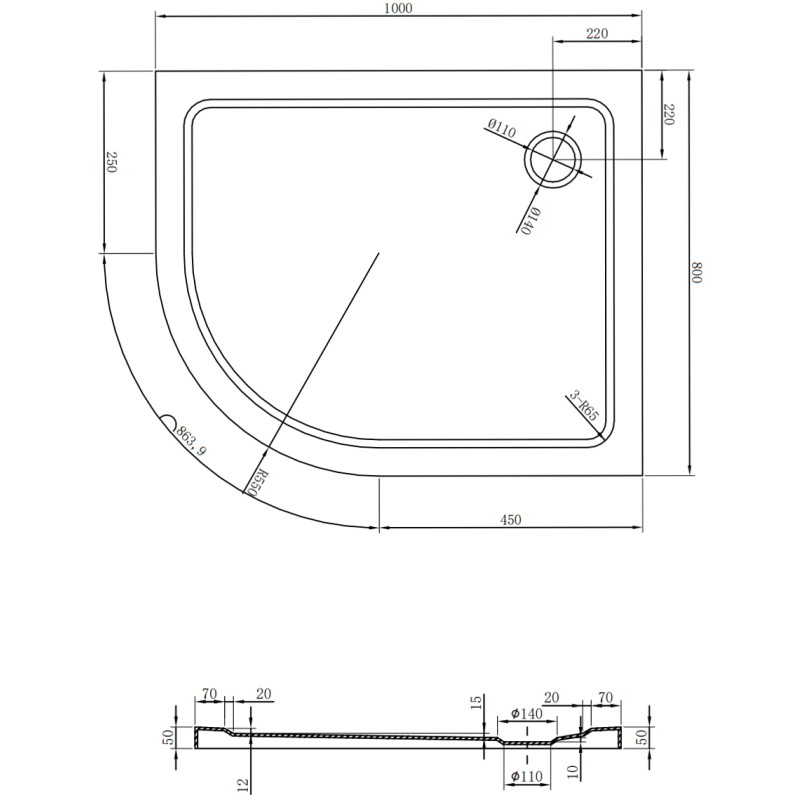 Mexen Flat slim félköríves zuhanytálca jobb 100 x 80 cm, fehér, fekete szifon - 41108010P-B