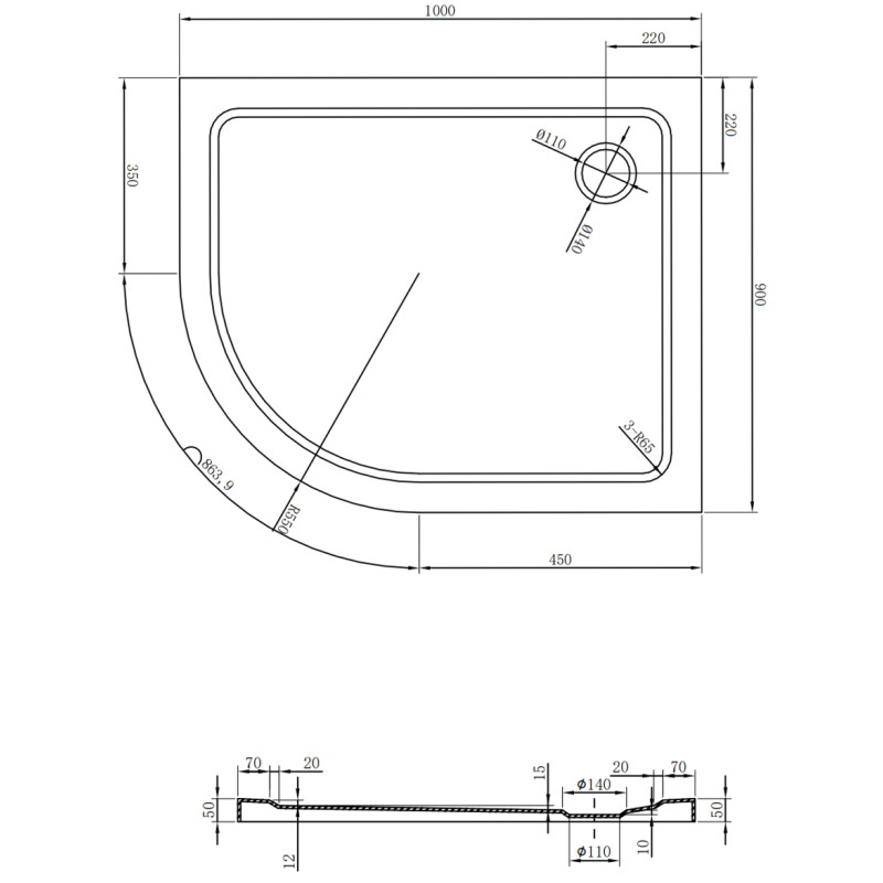 Mexen Flat cadă de duș semi-rotundă slim dreaptă 100 x 90 cm, neagră, sifon negru - 41709010P-B