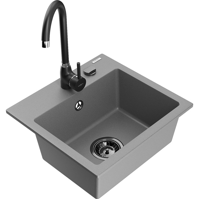 Mexen Milo chiuvetă de granit cu o singură cuvă și baterie de bucătărie Telma, gri - 6505-71-670200-70-B