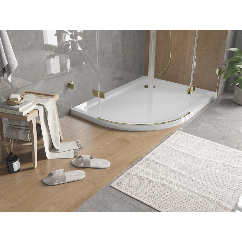 Mexen Flat félkör alakú slim jobb 100 x 90 cm, fehér, arany szifon - 41109010P-G