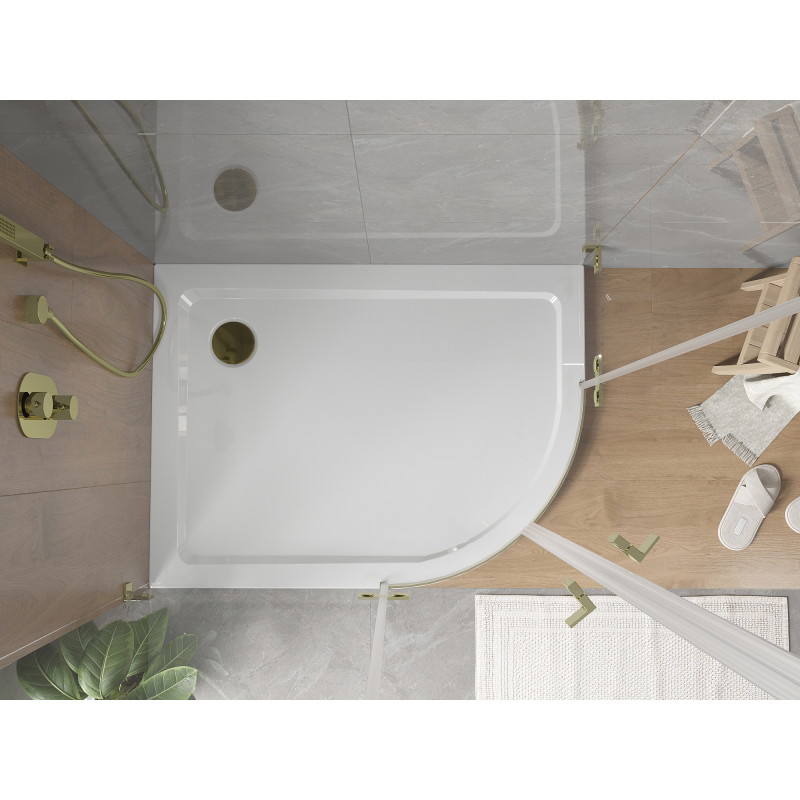 Mexen Flat cadă de duș semicirculară slim stânga 120 x 90 cm, alb, sifon auriu - 41109012L-G