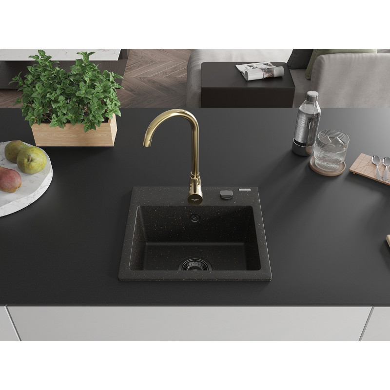 Mexen Milo chiuvetă de granit cu o cameră cu baterie de bucătărie Telma, negru/auriu - 6505-75-670200-50-B
