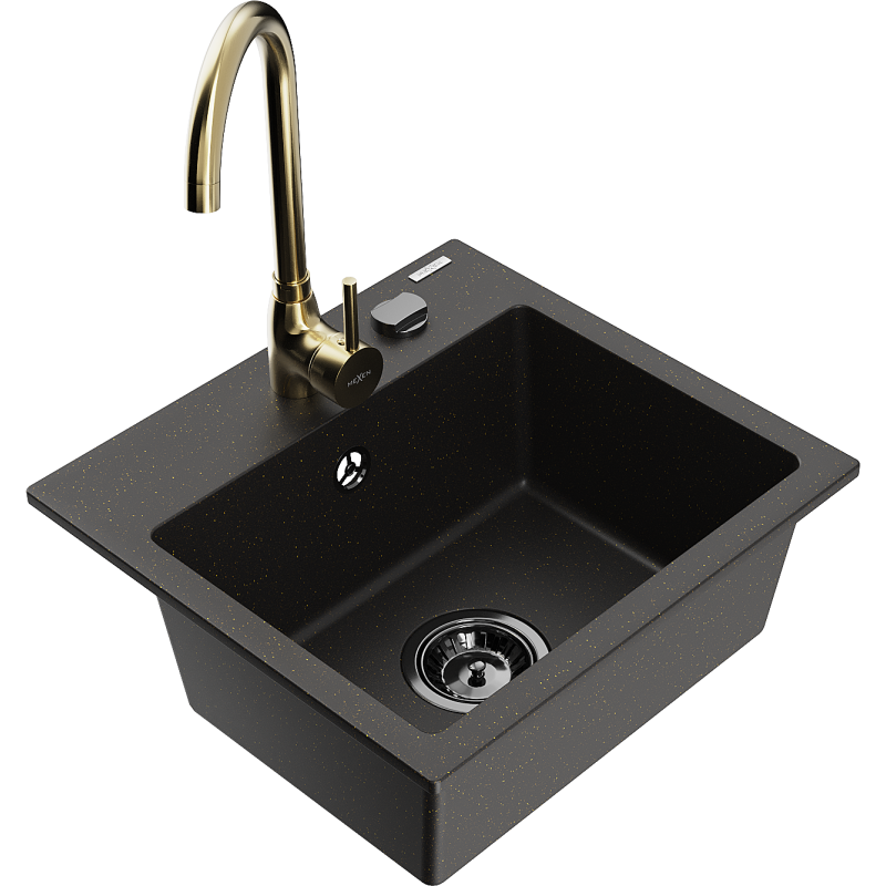 Mexen Milo chiuvetă de granit cu 1 cameră cu baterie de bucătărie Telma, negru/auriu - 6505-75-670200-50-B