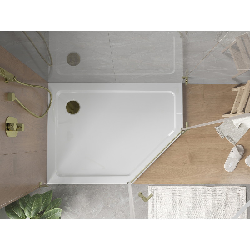 Mexen Flat cadă de duș pentagonală slim stânga 100 x 80 cm, albă, sifon auriu - 41P108010L-G