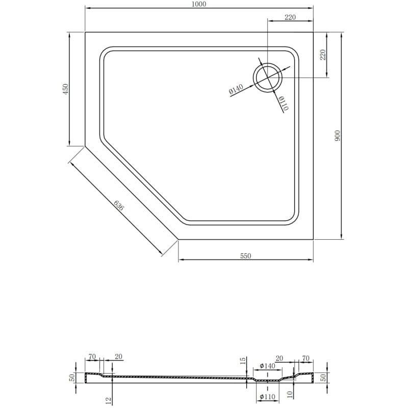 Mexen Flat karcsú ötszögletű zuhanytálca jobb 100 x 90 cm, fehér, arany szifon - 41P109010R-G