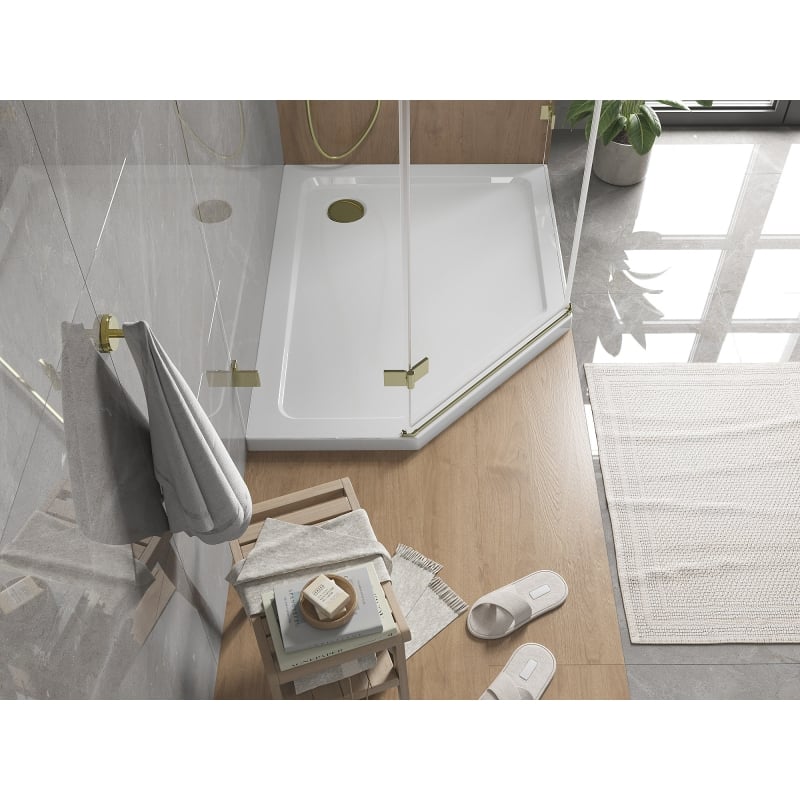 Mexen Flat karcsú ötszögletű zuhanytálca jobb 100 x 90 cm, fehér, arany szifon - 41P109010R-G