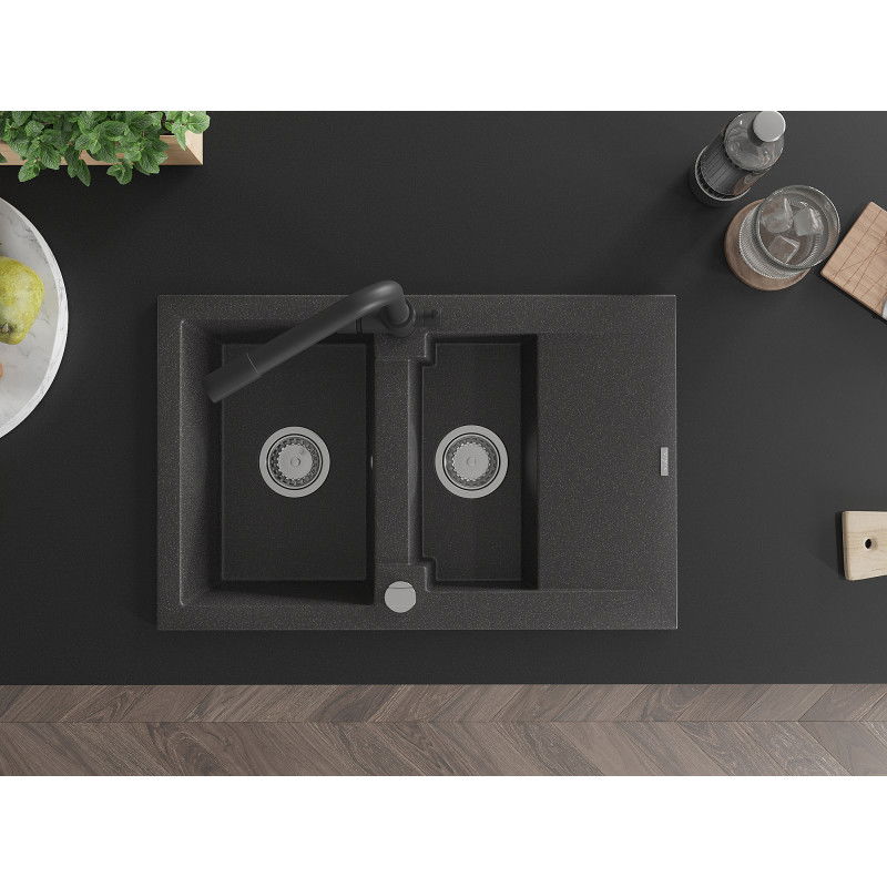 Mexen Gaspar gránit mosogatótálca 1,5 rekeszes csepegtetővel és Duero konyhai csapteleppel, fekete pöttyös - 6507-76-671600-70