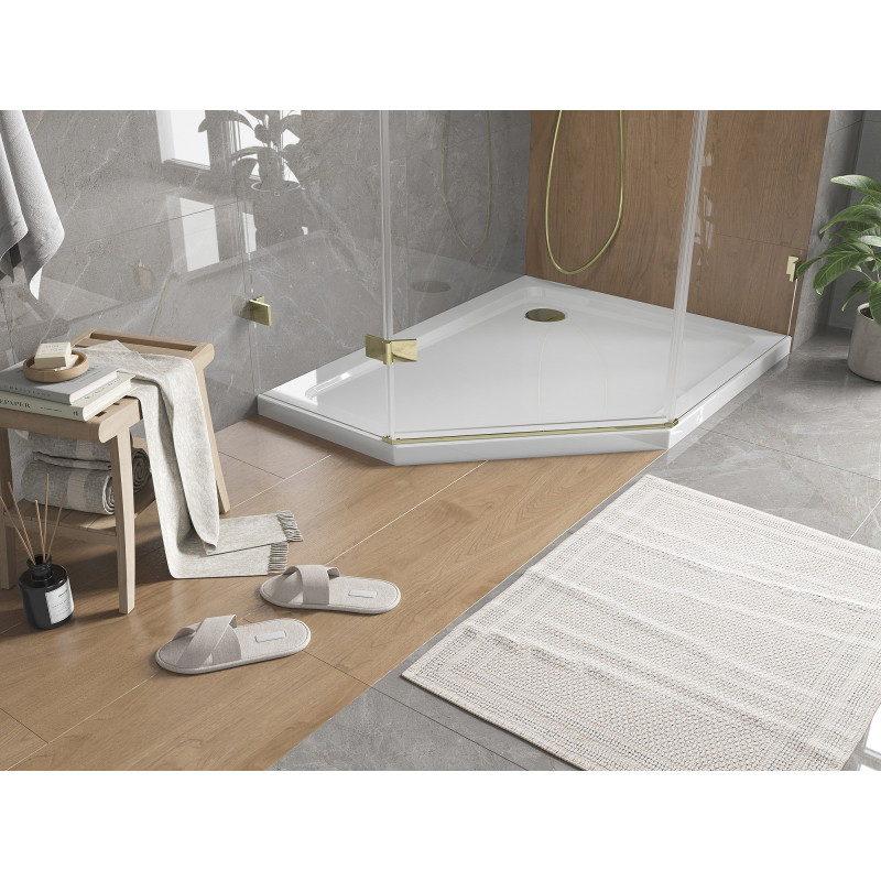 Mexen Flat karcsú ötszögletű zuhanytálca jobb 100 x 90 cm, fehér, arany szifon - 41P109010R-G