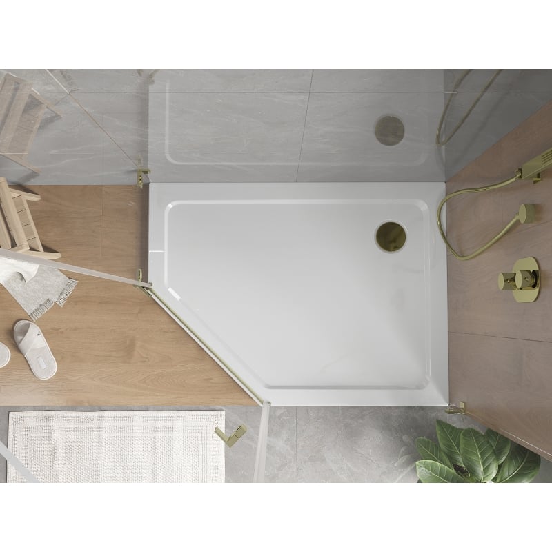 Mexen Flat karcsú ötszögletű zuhanytálca jobb 100 x 90 cm, fehér, arany szifon - 41P109010R-G