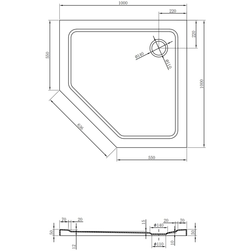 Mexen Flat receveur de duș pentagonal slim 100 x 100 cm, alb, sifon auriu - 41P101010-G