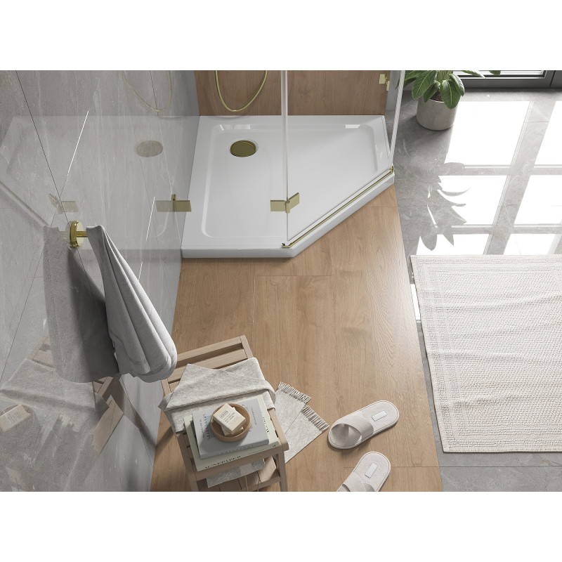 Mexen Flat receveur de duș pentagonal slim 100 x 100 cm, alb, sifon auriu - 41P101010-G
