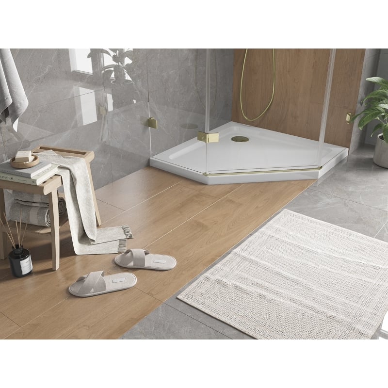 Mexen Flat receveur de duș pentagonal slim 100 x 100 cm, alb, sifon auriu - 41P101010-G