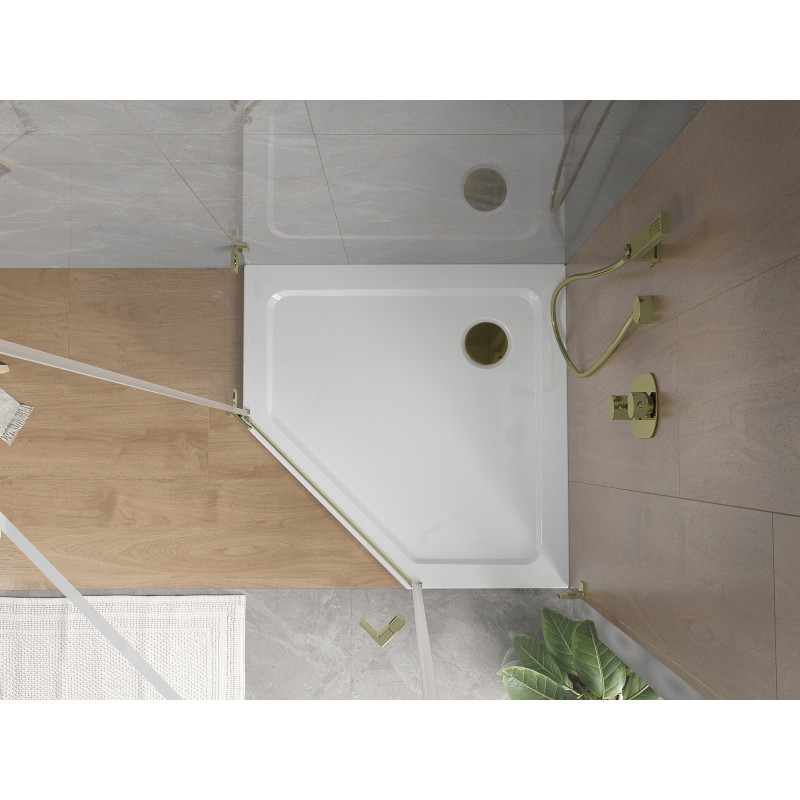 Mexen Flat receveur de duș pentagonal slim 100 x 100 cm, alb, sifon auriu - 41P101010-G