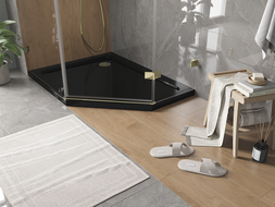 Mexen Flat receveur de duș pentagonal slim stânga 90 x 80 cm, negru, sifon auriu - 41P708090L-G