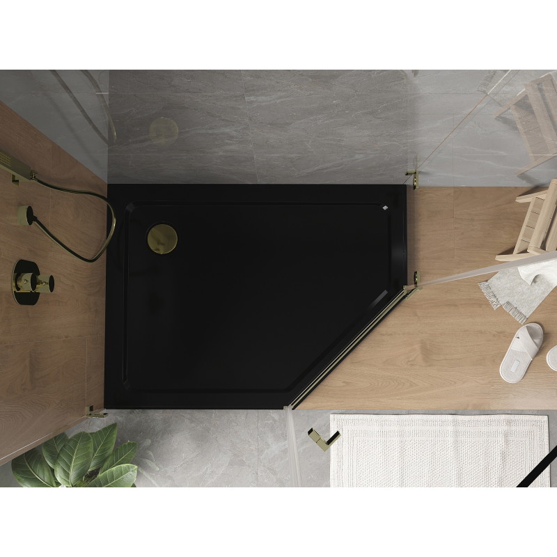 Mexen Flat brodzik pentagonal slim stânga 100 x 80 cm, negru, sifon auriu - 41P708010L-G