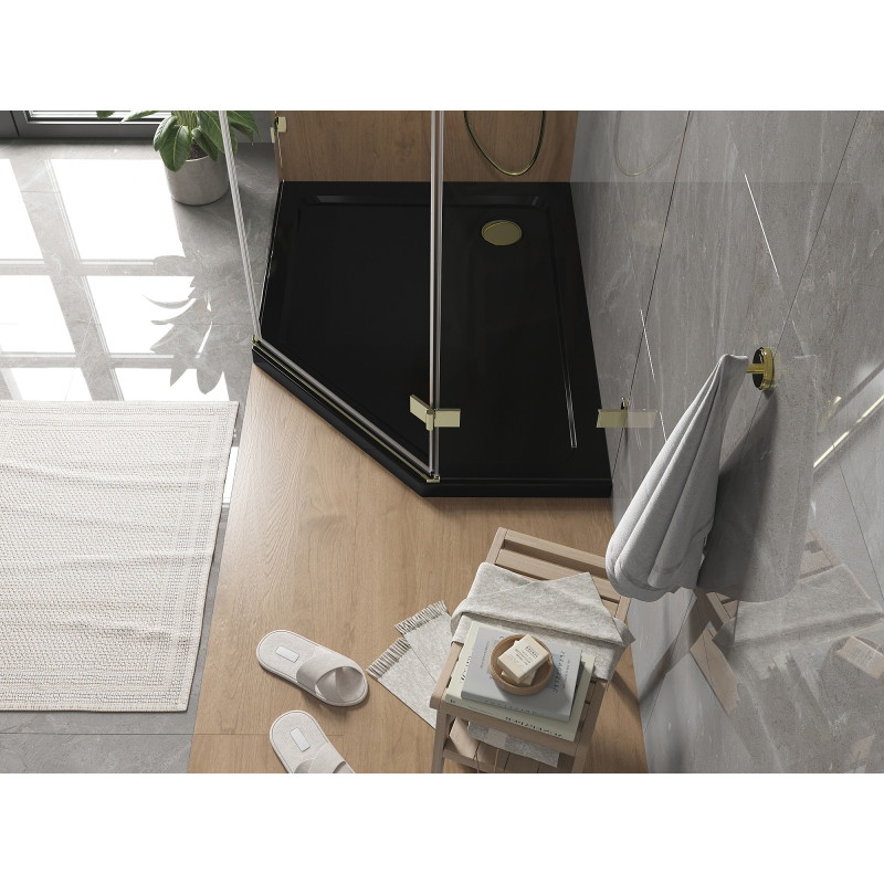 Mexen Flat ötoldalú slim bal zuhanytálca 100 x 90 cm, fekete, arany szifon - 41P709010L-G