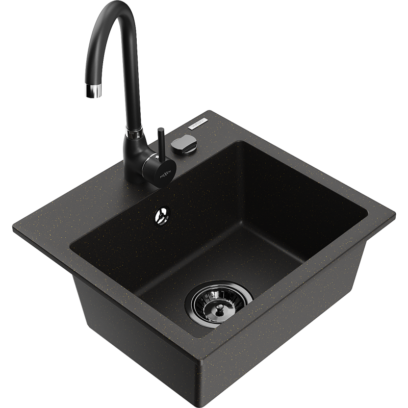 Mexen Milo chiuvetă de granit cu 1 compartiment cu baterie de bucătărie Telma, negru/auriu - 6505-75-670200-70-B