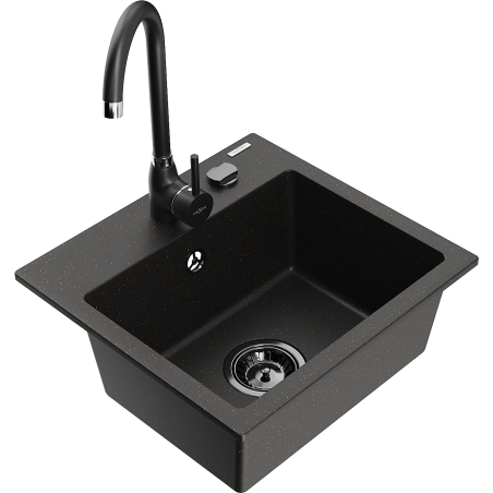 Mexen Milo chiuvetă de granit cu 1 compartiment cu baterie de bucătărie Telma, negru/auriu - 6505-75-670200-70-B