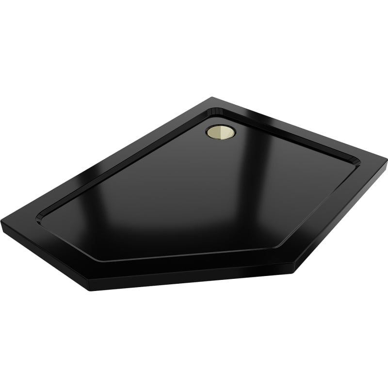 Mexen Flat brodzik pentagonal slim dreapta 100 x 90 cm, negru, sifon auriu - 41P709010R-G