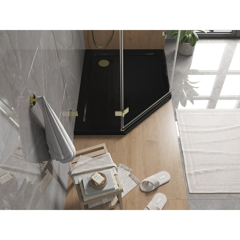 Mexen Flat brodzik pentagonal slim dreapta 100 x 90 cm, negru, sifon auriu - 41P709010R-G