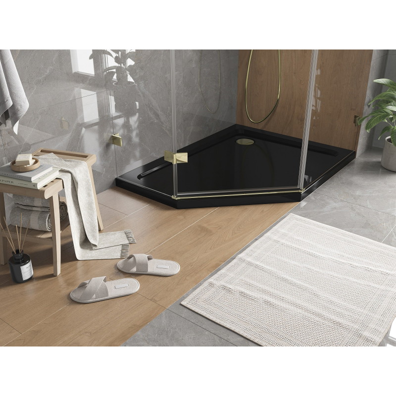 Mexen Flat brodzik pentagonal slim dreapta 100 x 90 cm, negru, sifon auriu - 41P709010R-G