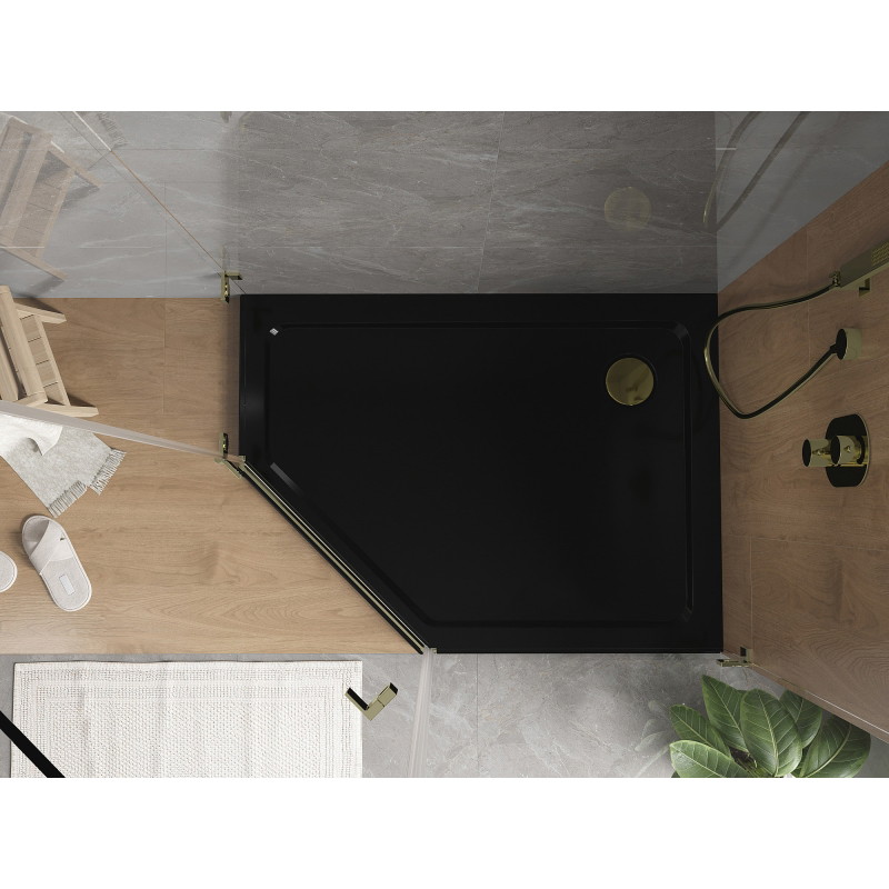 Mexen Flat brodzik pentagonal slim dreapta 100 x 90 cm, negru, sifon auriu - 41P709010R-G
