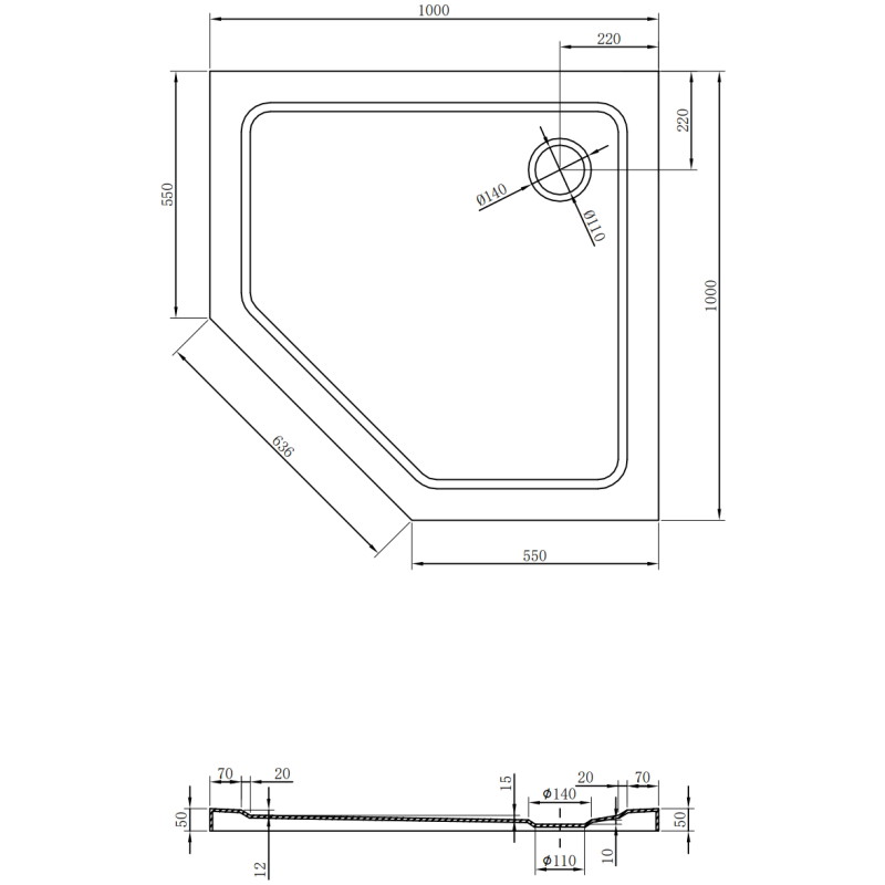 Mexen Flat pentagonális slim zuhanytálca 100 x 100 cm, fekete, arany szifon - 41P701010-G