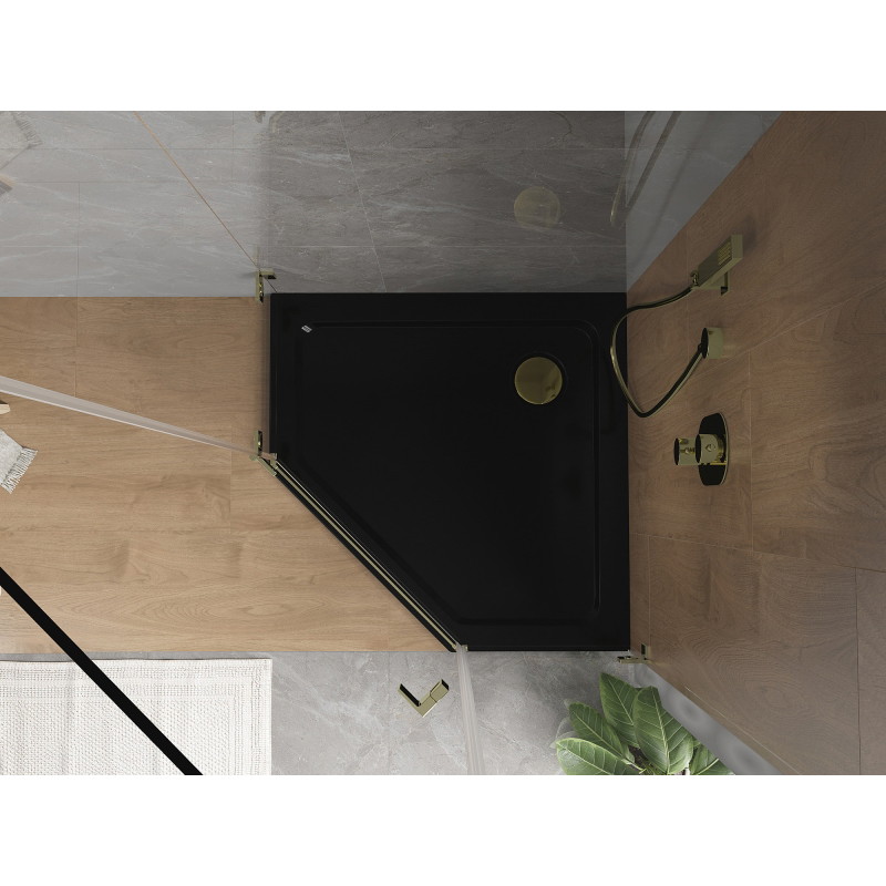 Mexen Flat pentagonális slim zuhanytálca 100 x 100 cm, fekete, arany szifon - 41P701010-G