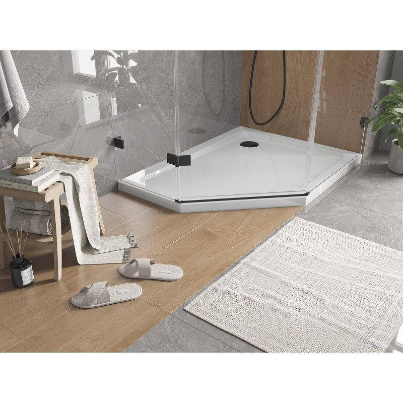 Mexen Flat cadă de duș pentagonală slim dreapta 100 x 80 cm, albă, sifon negru - 41P108010R-B